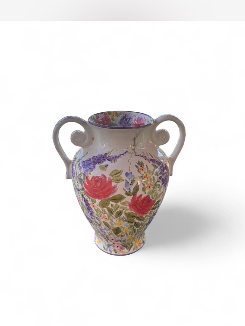 Hand-Painted Floral Two-Handled Ceramic Vase - White with Red & Purple Flowers